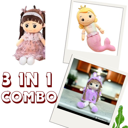 "Dreamy Doll Trio Combo: Curly Doll, Cap Doll, and Mermaid - Fashion and Fantasy Unite!"