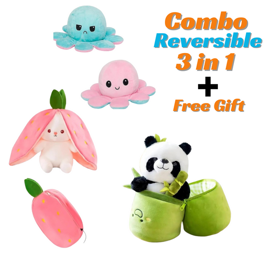 "Reversible Plush Combo: Panda, Octopus, and Bunny - Three Times the Fun!"