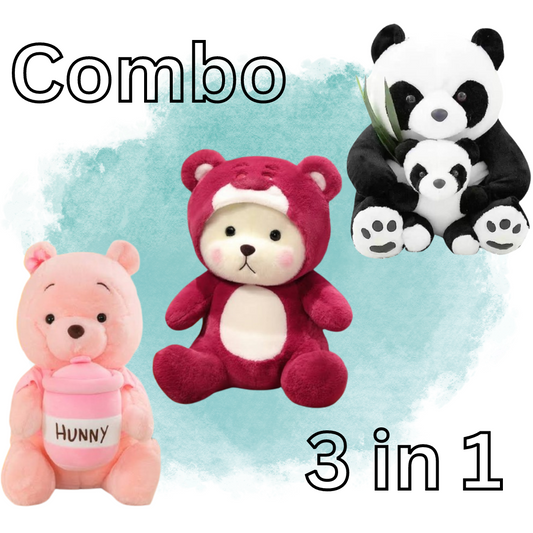 "Panda Family Fun Bundle: Plush Panda with Baby, Cap Bear, and Bottle Bear"