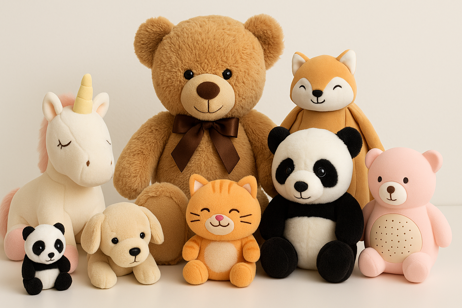 Colorful soft toys including teddy bears, pandas, and plush animals displayed on a pastel background – Buy Soft Toys Online India