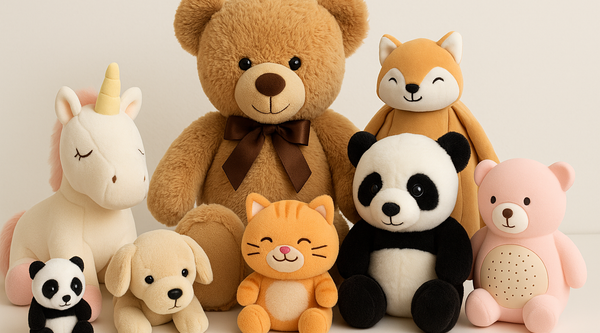 Colorful soft toys including teddy bears, pandas, and plush animals displayed on a pastel background – Buy Soft Toys Online India