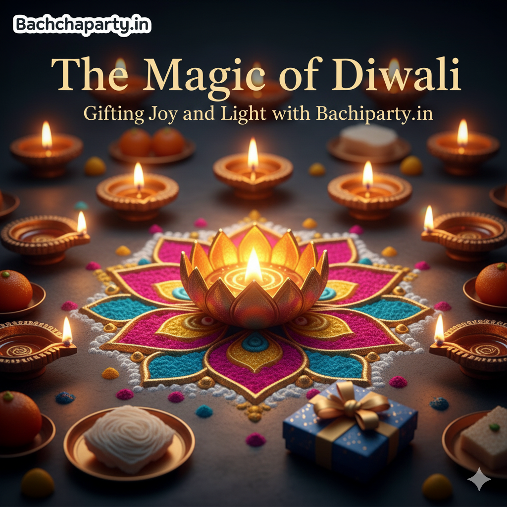 A beautiful Diwali scene with a central lit lotus diya on a colorful rangoli, surrounded by traditional diyas, Indian sweets, and a gift box. The image promotes the blog title 