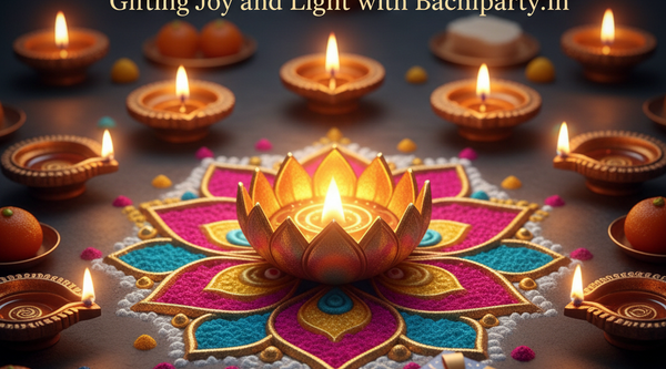 A beautiful Diwali scene with a central lit lotus diya on a colorful rangoli, surrounded by traditional diyas, Indian sweets, and a gift box. The image promotes the blog title 