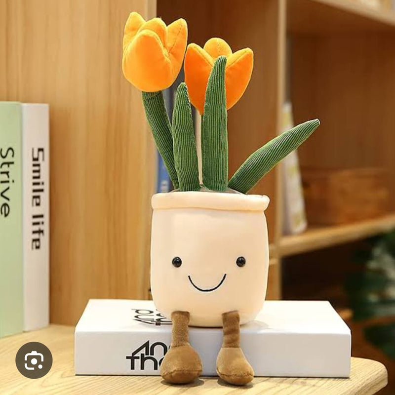 Soft 35cm flower pot plush toy with smiling face and petals, perfect for kids, gifting and room decor