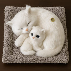 25cm cat soft toy cuddling with her cub made of plush fabric in a cute cartoon style sitting over a mat