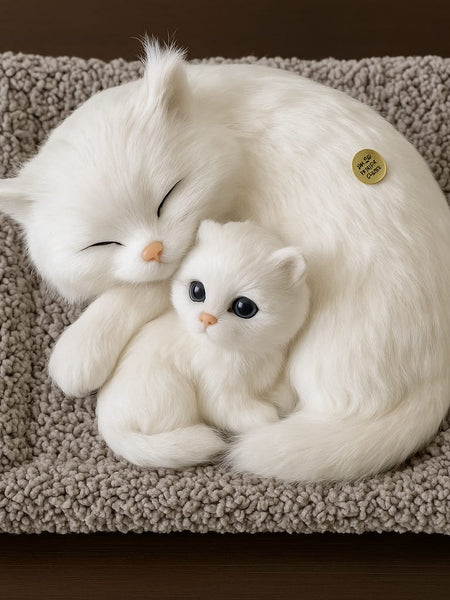 25cm cat soft toy cuddling with her cub made of plush fabric in a cute cartoon style sitting over a mat