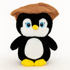 Large 55 cm penguin plush toy with brown hat – front view