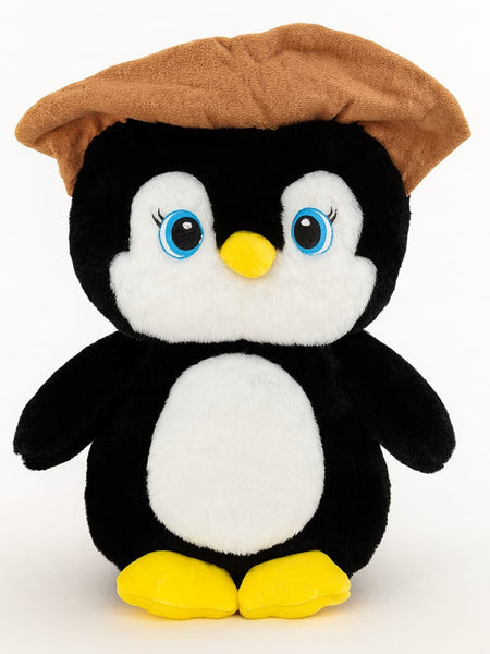 Large 55 cm penguin plush toy with brown hat – front view