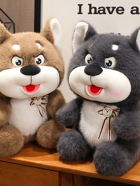 35 cm fluffy dog stuffed animal in brown and grey colors