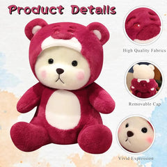 “Cute plush teddy in red hoodie sitting upright”