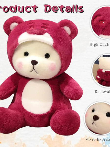 “Cute plush teddy in red hoodie sitting upright”