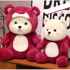 “Cute plush teddy in red hoodie sitting upright”