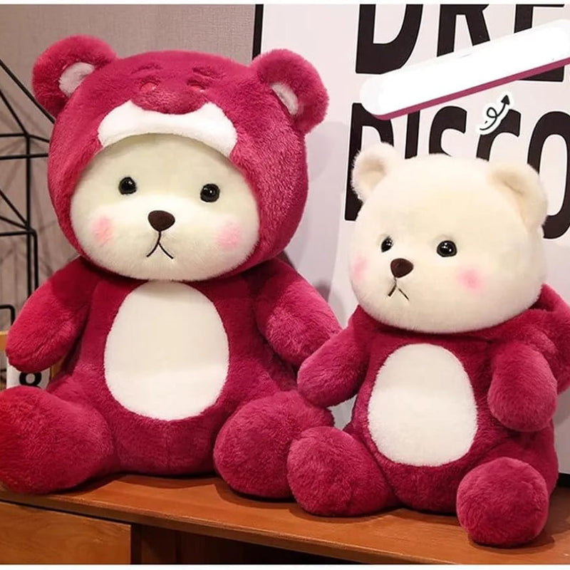 “Cute plush teddy in red hoodie sitting upright”