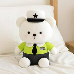 “28 cm white police officer teddy bear wearing green shirt and white hat with star”
