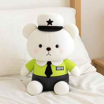 “28 cm white police officer teddy bear wearing green shirt and white hat with star”