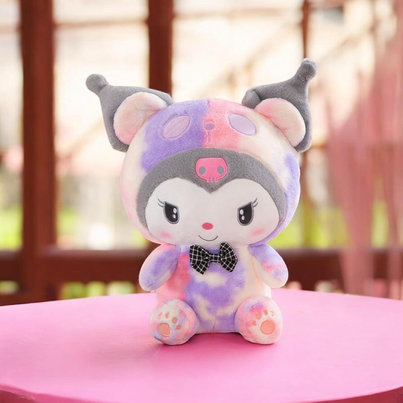 “Cute character plush doll sitting upright in multicolor design”