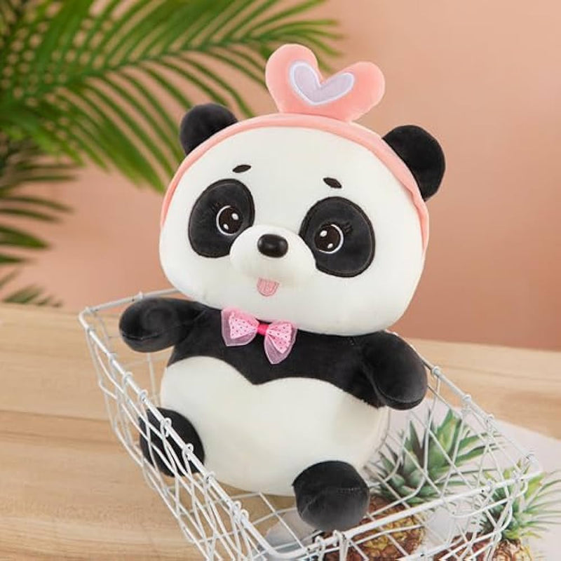 “28 cm cute panda plush toy with pink bowtie and heart headband”
