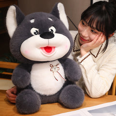 Cute plush puppy with round cheeks and badge