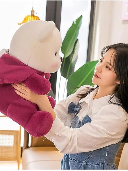 “Cute plush teddy in red hoodie sitting upright”