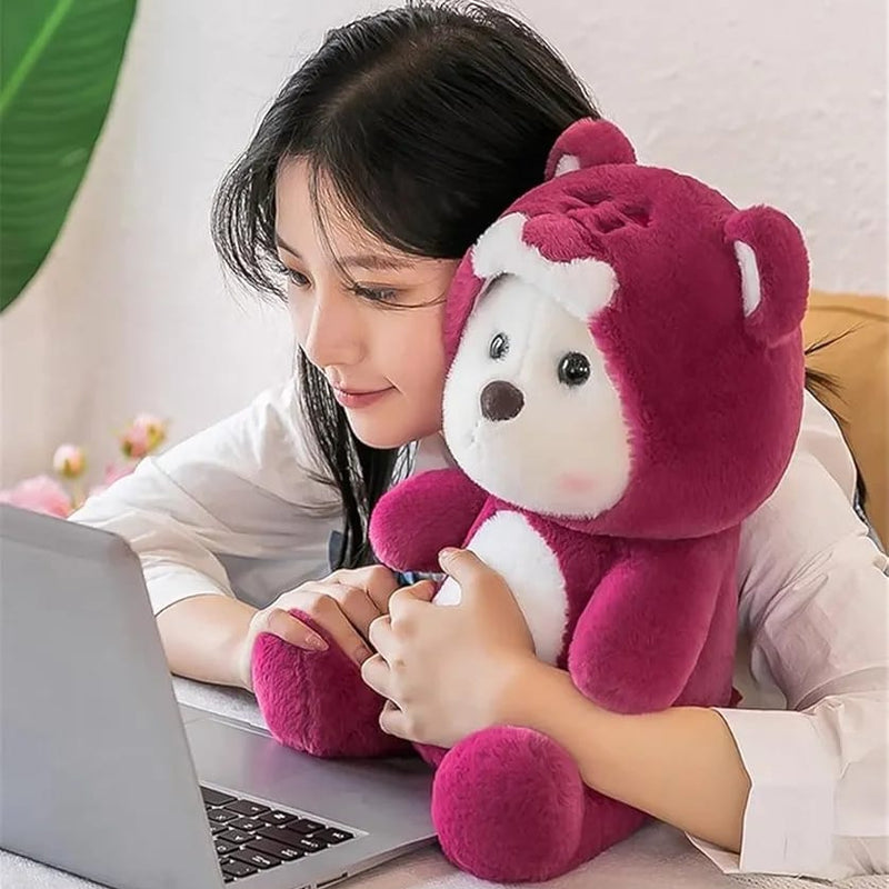 “Cute plush teddy in red hoodie sitting upright”