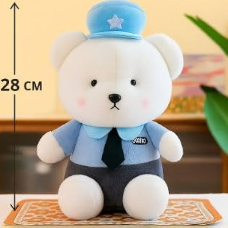 “28 cm white police officer teddy bear wearing green shirt and white hat with star”