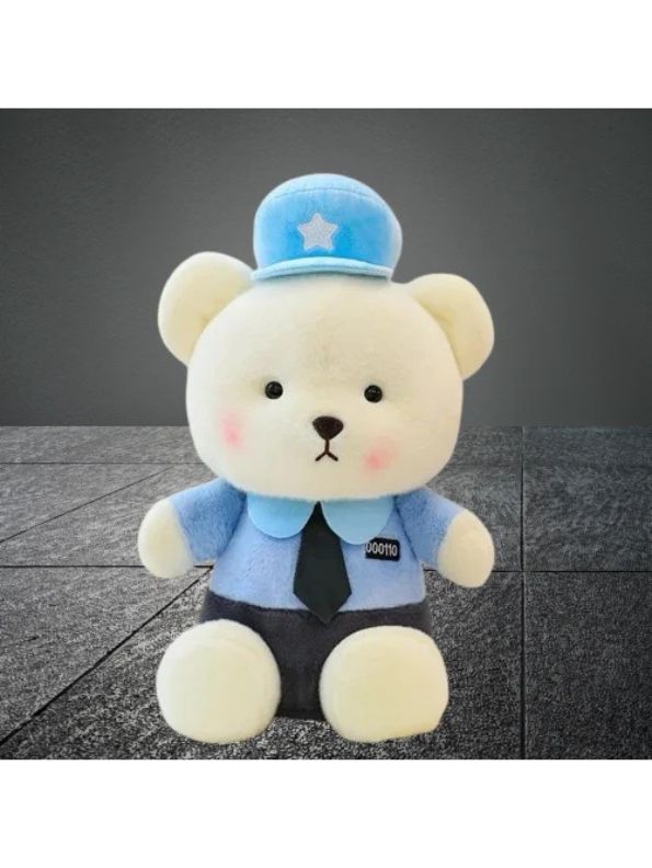 “28 cm white police officer teddy bear wearing green shirt and white hat with star”