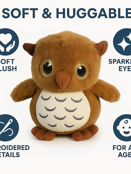 “28 cm owl soft toy with fluffy feathers and big eyes”
