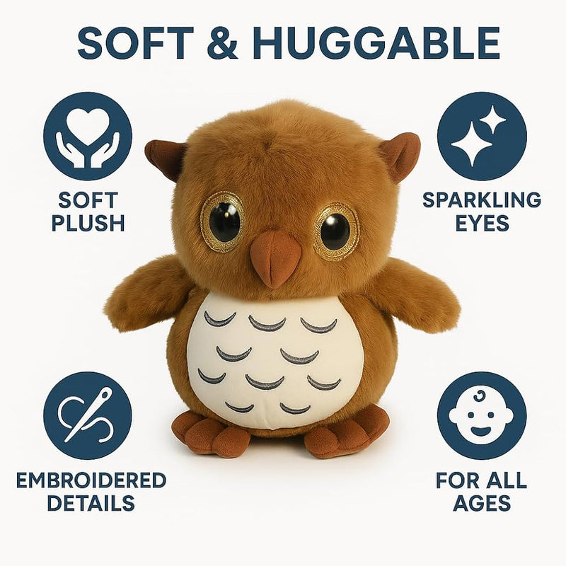 “28 cm owl soft toy with fluffy feathers and big eyes”