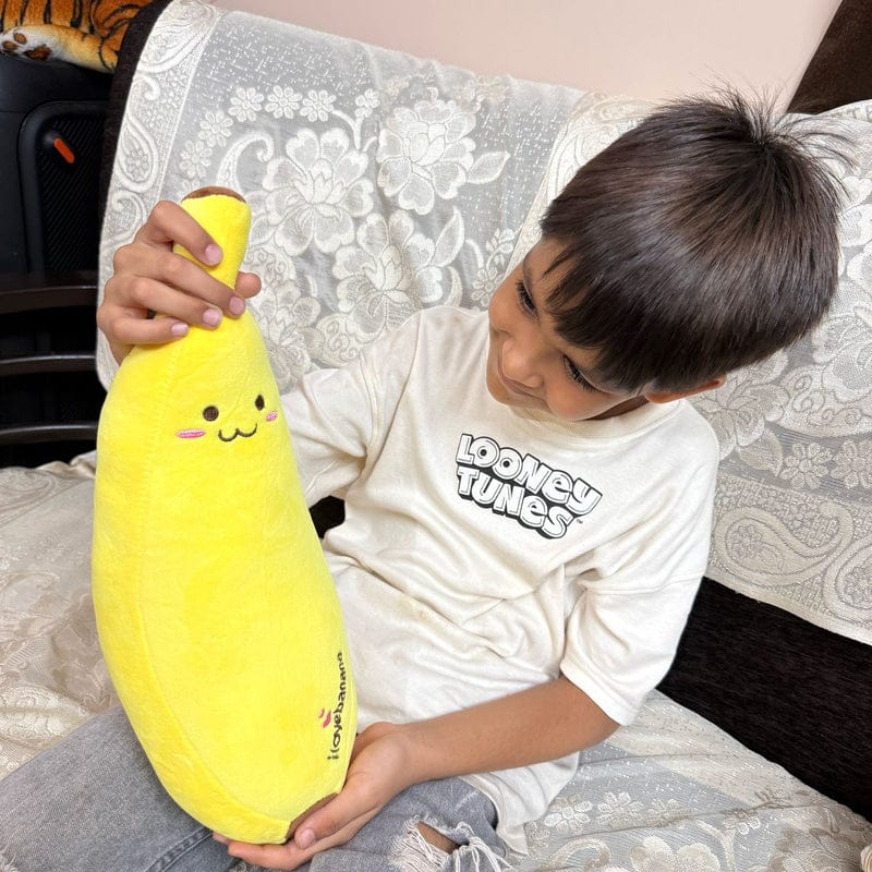 “28 cm banana plush toy with cute smiling face”