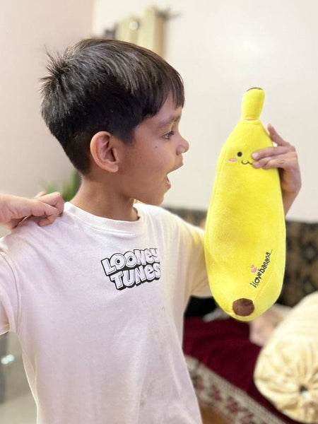 “28 cm banana plush toy with cute smiling face”