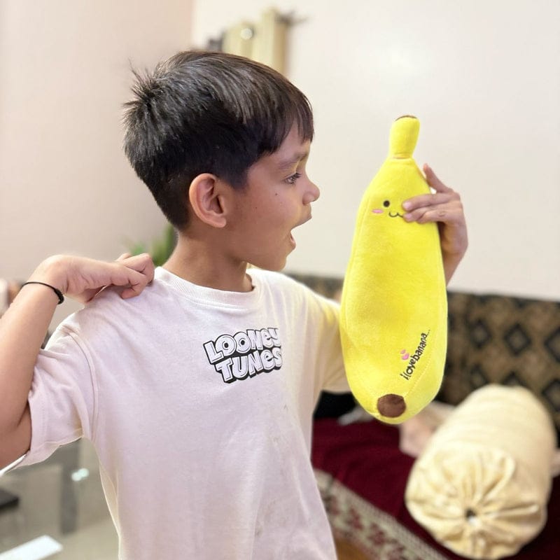 “28 cm banana plush toy with cute smiling face”