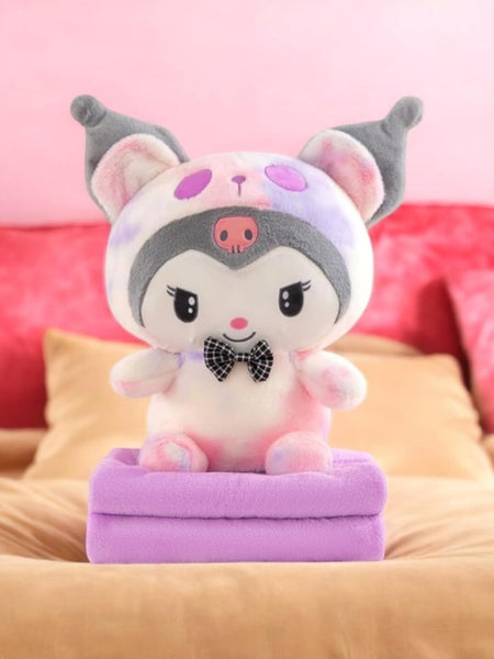 “Cute character plush doll sitting upright in multicolor design”