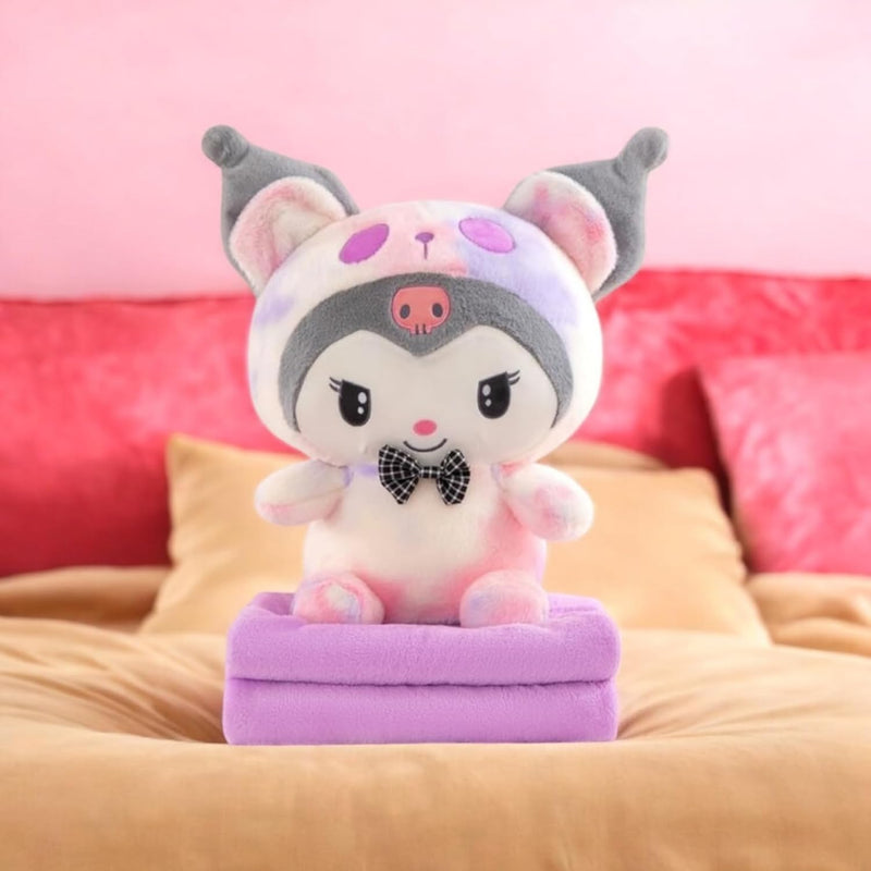 “Cute character plush doll sitting upright in multicolor design”