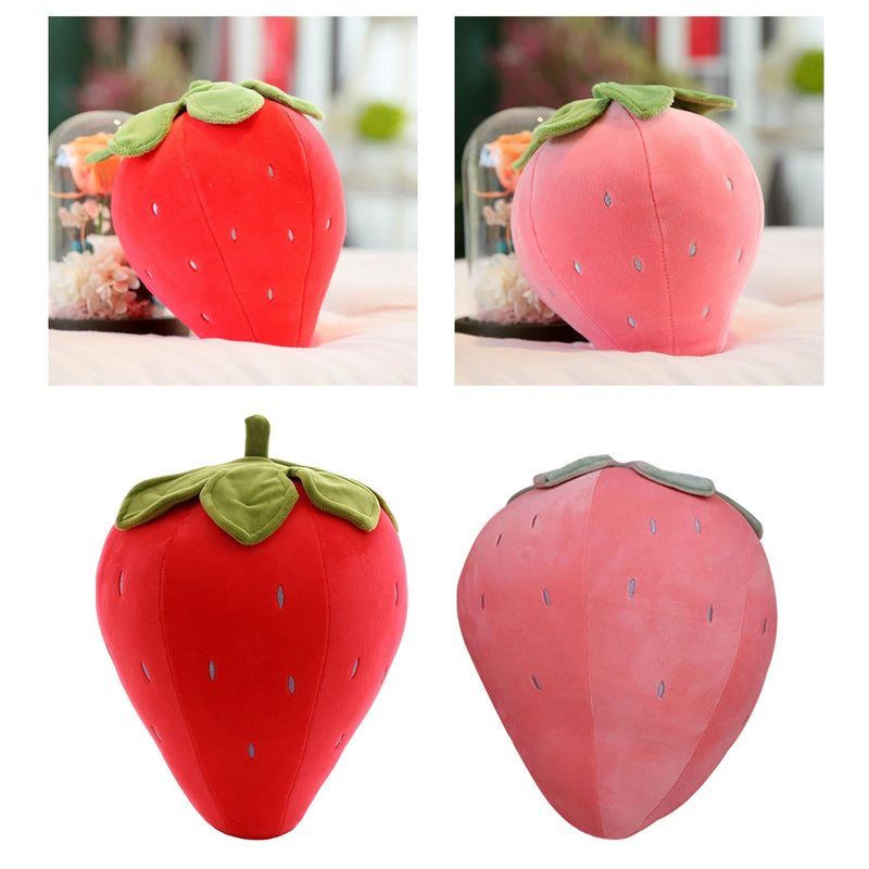 “Small strawberry cushion with green leaf top”