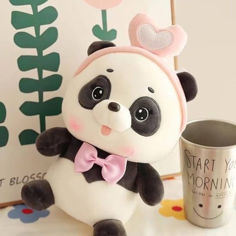 “28 cm cute panda plush toy with pink bowtie and heart headband”